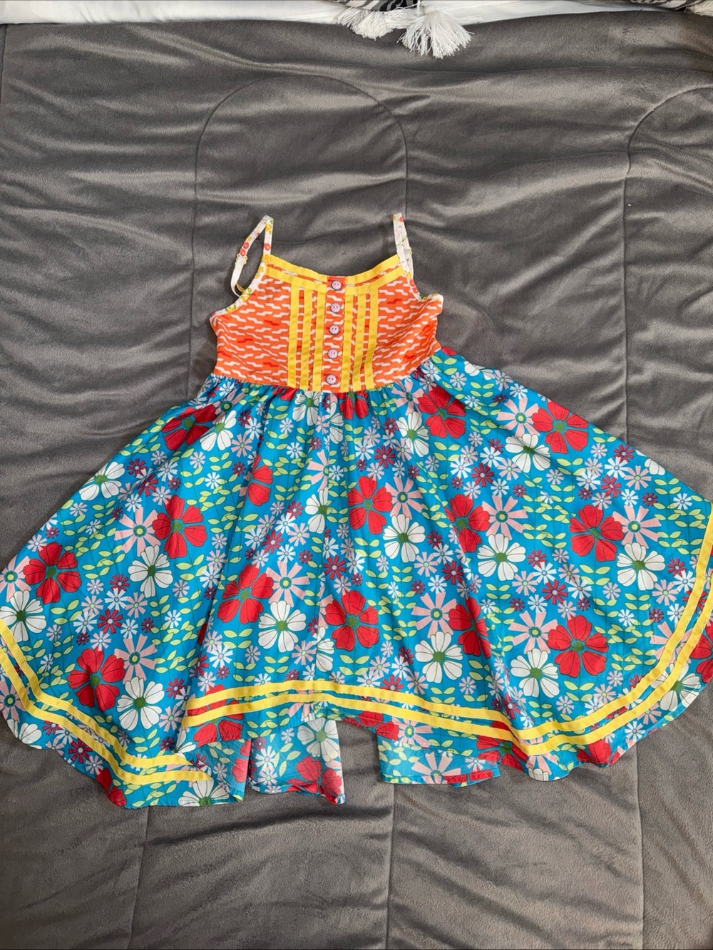 Matilda Jane boutique Blue Floral Dress with Pink and Yellow Accents Sz 8